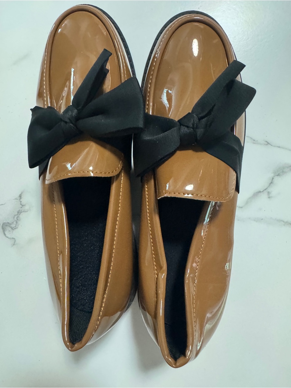 Patent Leather Bow Loafers - Tan With Black Bow